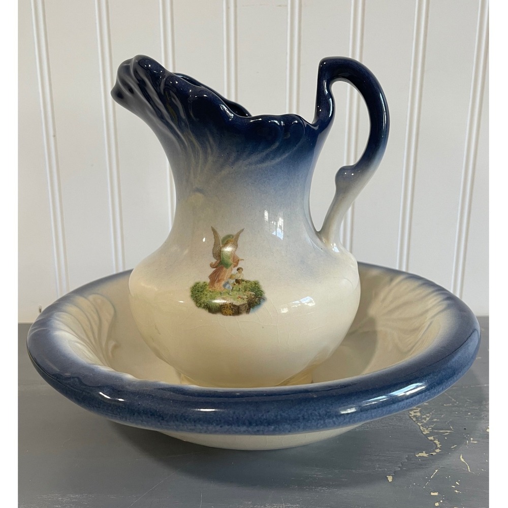 Vintage Guardian Angel‎ Pitcher and Basin Set Flow Blue Style Ceramic Cream 7in